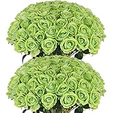 Hananona Artificial Roses in Bulk, Fake Silk Roses Realistic Green Roses for Wedding Centerpieces Flower Arrangement St Patricks Day Home Decor (50, Light Green)