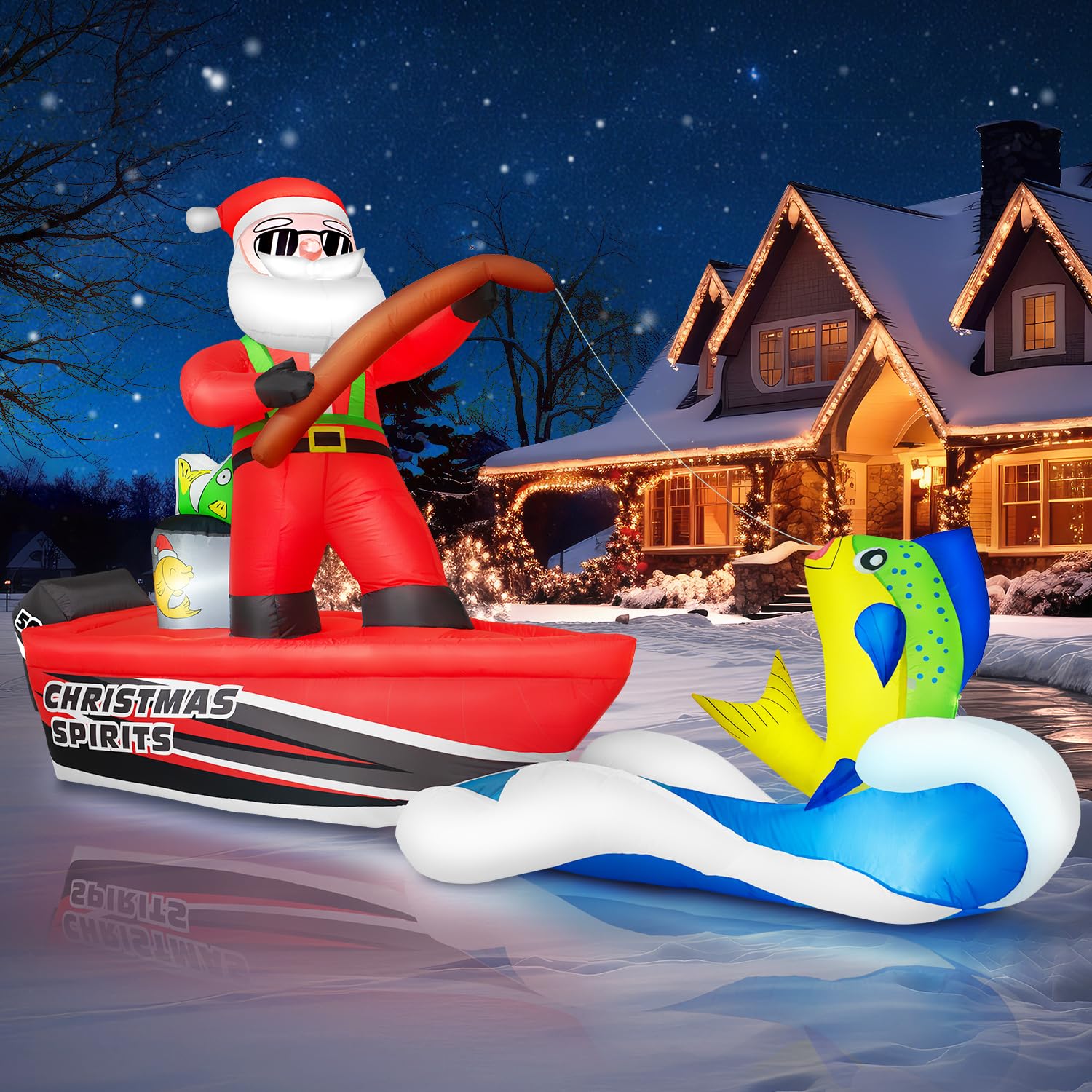 Photo 1 of 12FT Long Christmas Inflatables Santa Sea Fishing on Giant Boat, Christmas Decoration Outdoor Huge Blow Up Yard Decorations Large Blowups with LED Lights for Xmas New Year Holiday Party