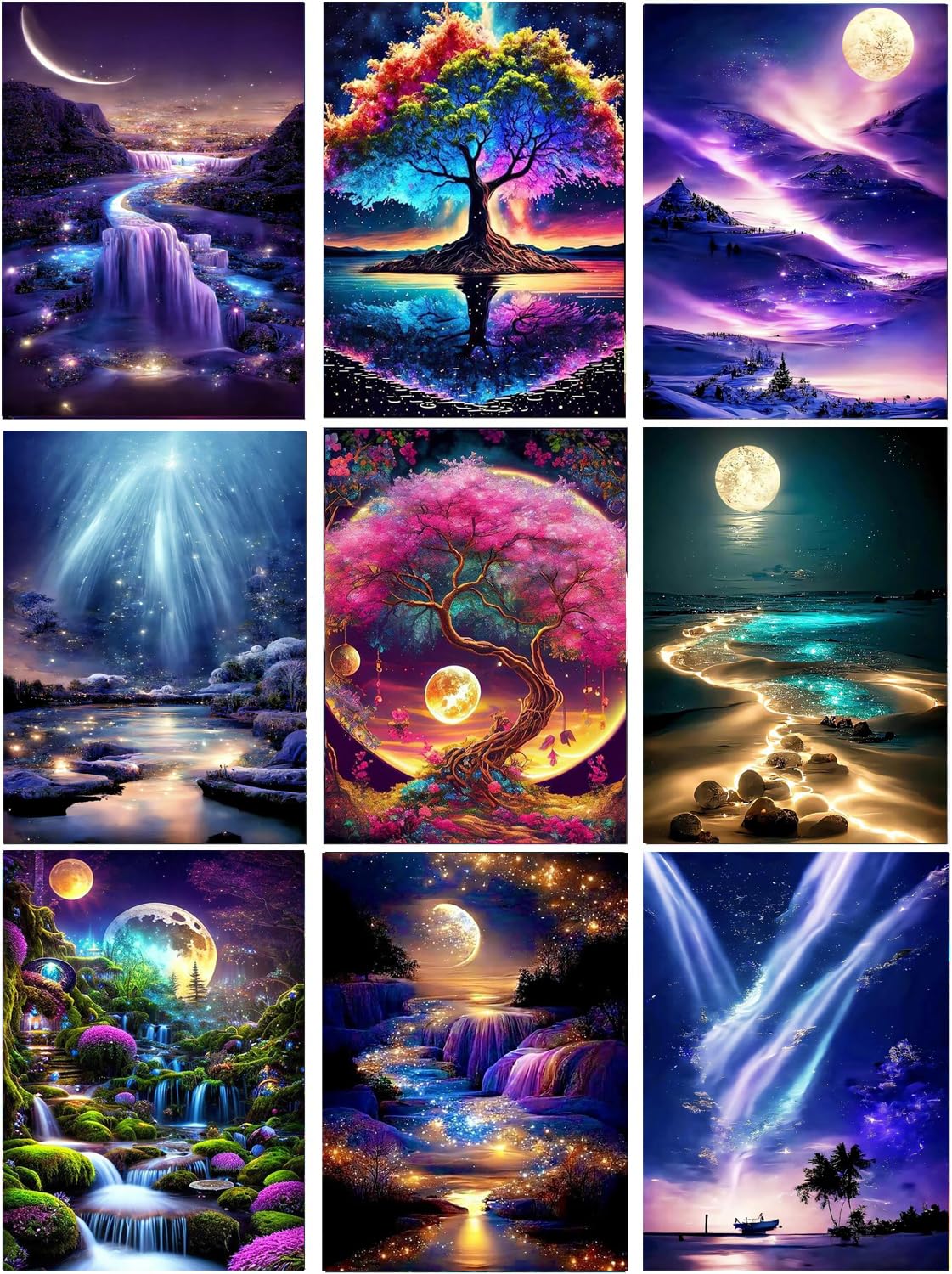 9 Pack Landscape Diamond Painting Kits for Adults，5D DIY Aurora Borealis with Tree Diamond Art Kits for Beginners Round Full Drill Painting with Diamonds Gem Art for Home Wall Decor Gift12X16Inch