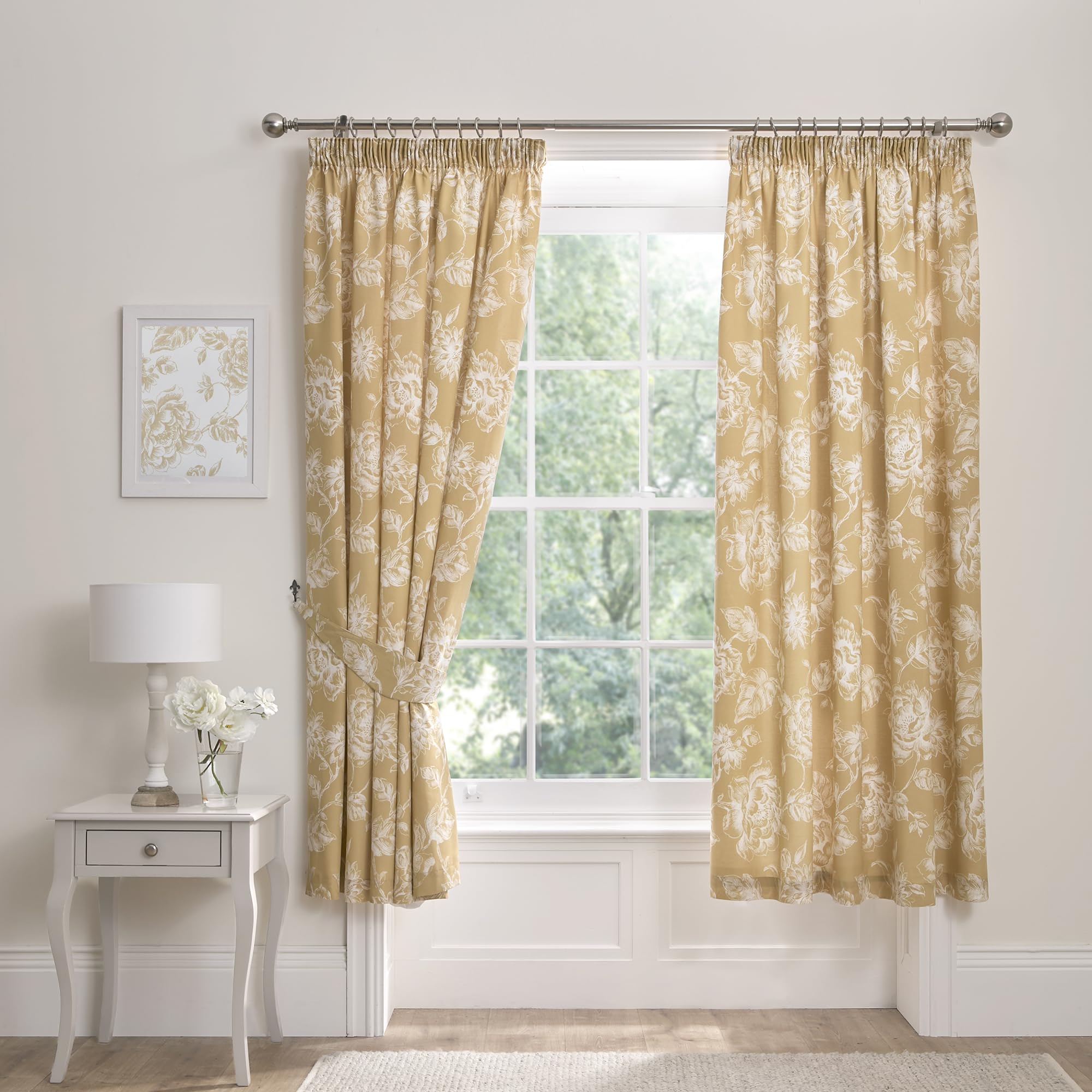 Dreams & Drapes - Ochre Floral Pencil Pleat Curtains W66 x L72" (168 x 183cm) - White Botanical Flowers for Bedroom and Living Room - Vintage Yellow Pleated Drapes