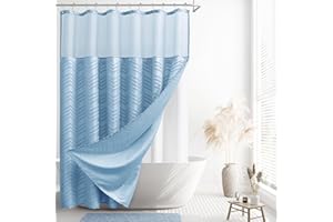 SPWIY Blue Grey Shower Curtain with Liner Set Light Blue Woven Fabric Double Pretty Tufted Chevron Striped Shabby Chic Textured Shower Curtain with See Through Mesh Top Window 72x72 Slate Blue
