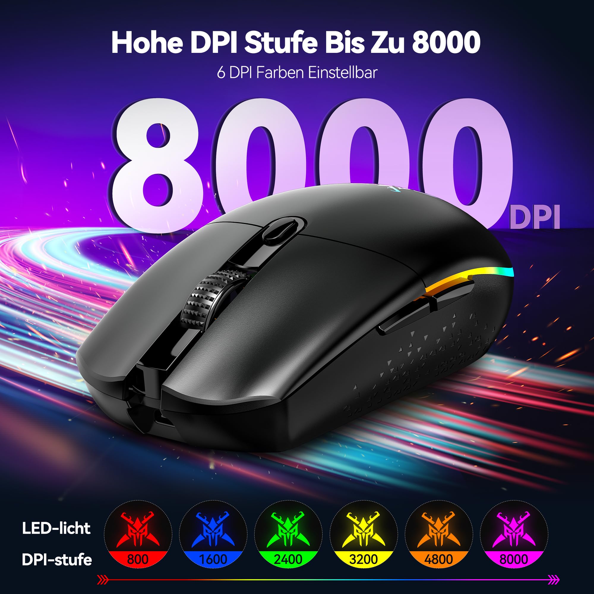 TECKNET Kabellose Gaming-Maus, RGB 2.4G/USB-C Kabelgebundene Gaming-Maus, 8000 DPI Wiederaufladbar, PC Gaming Mouse mit Programmierbaren Tasten, 72g Ultraleicht Maus für Windows XP/11/10/8/7 usw 5