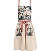 FOTVEFLEIR Vintage Cute Apron Dress for Women with Pockets,Cross Back Pinafore Aprons for Cooking,Baking,Kitchen,Gardening