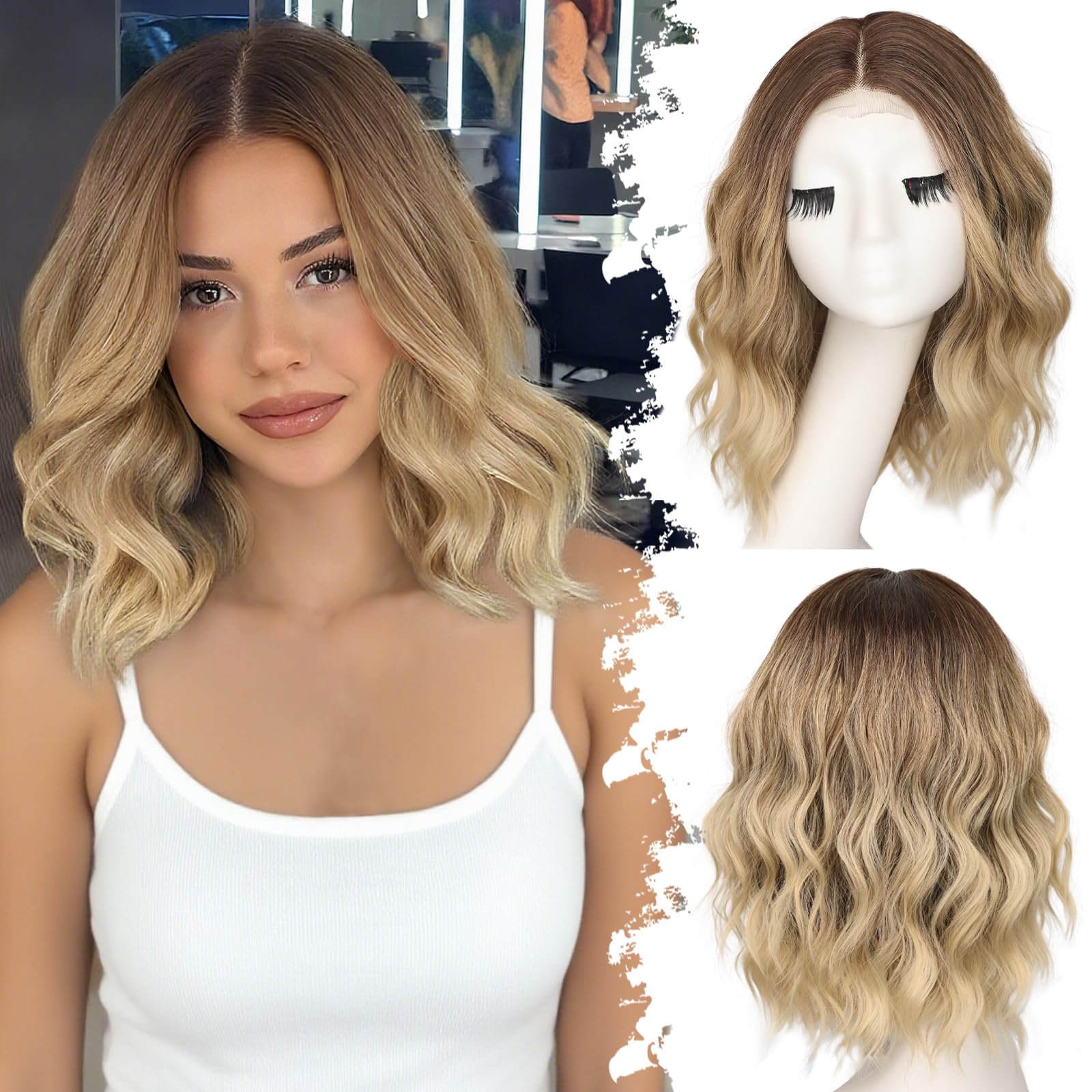 Photo 1 of Eawwii Brown to Blonde Short Wavy Wig for Women Lace Hairline Bob Style Synthetic Heat Resistant - Natural Appearance for Everyday Hairstyle 14 Inch
