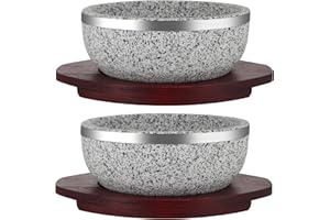 Sanbege 2 Pack Granite Stone Bowl 32 oz, Dolsot Pot with Wood Base for Cooking and Serving Korean Bibimbap, Soup, Rice, Ramen