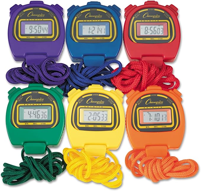 Champion Sports WaterResistant Stopwatches, 1/100 Second, Assorted Colors, 6/Box