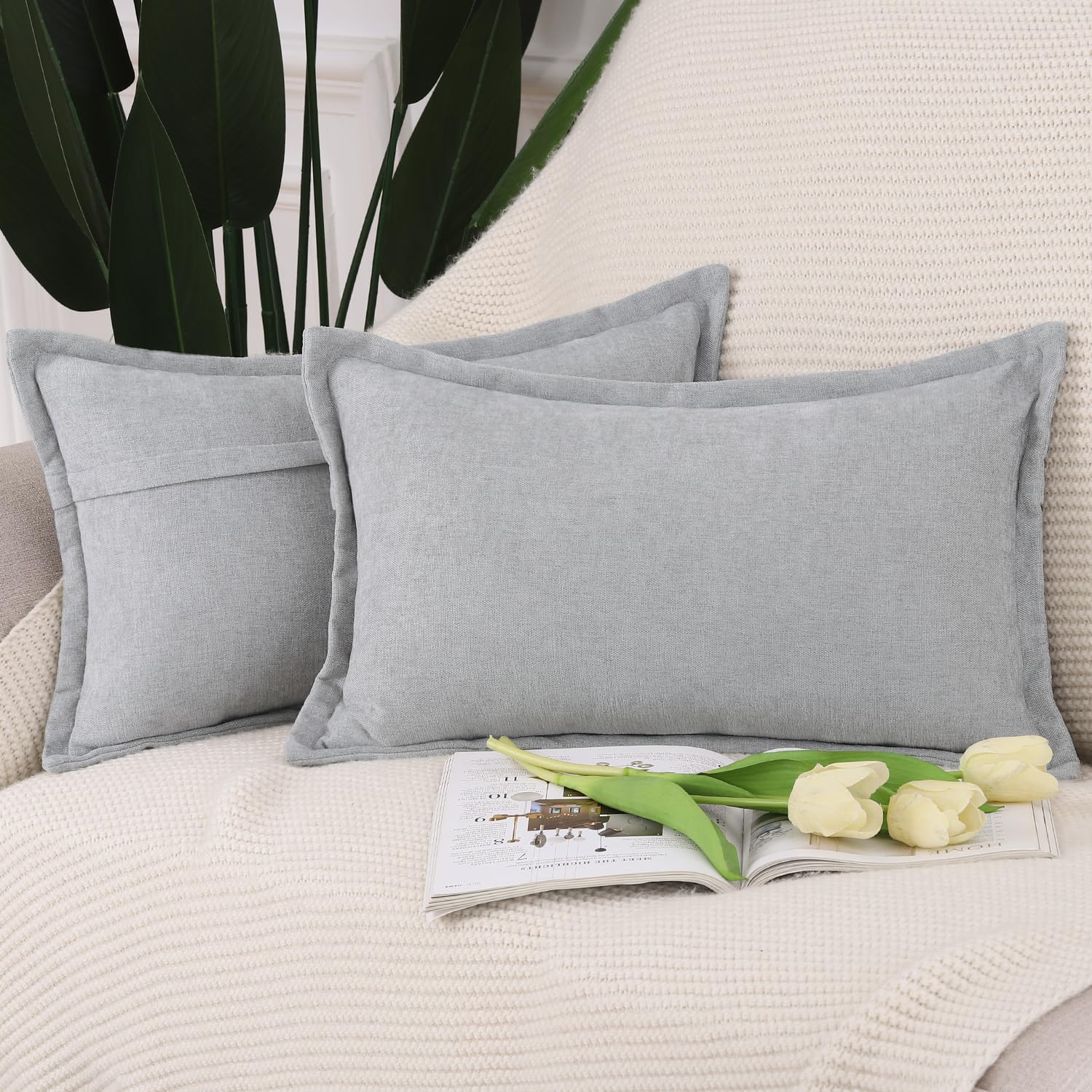 Madizz Fringe Chenille Cushion Covers Set of 2 Super Soft Boho Throw Pillow Covers Decorative Plain Throw Pillowcases Modern Home Decor for Sofa Bedroom Light Grey 12x20 inch, 30x50 cm