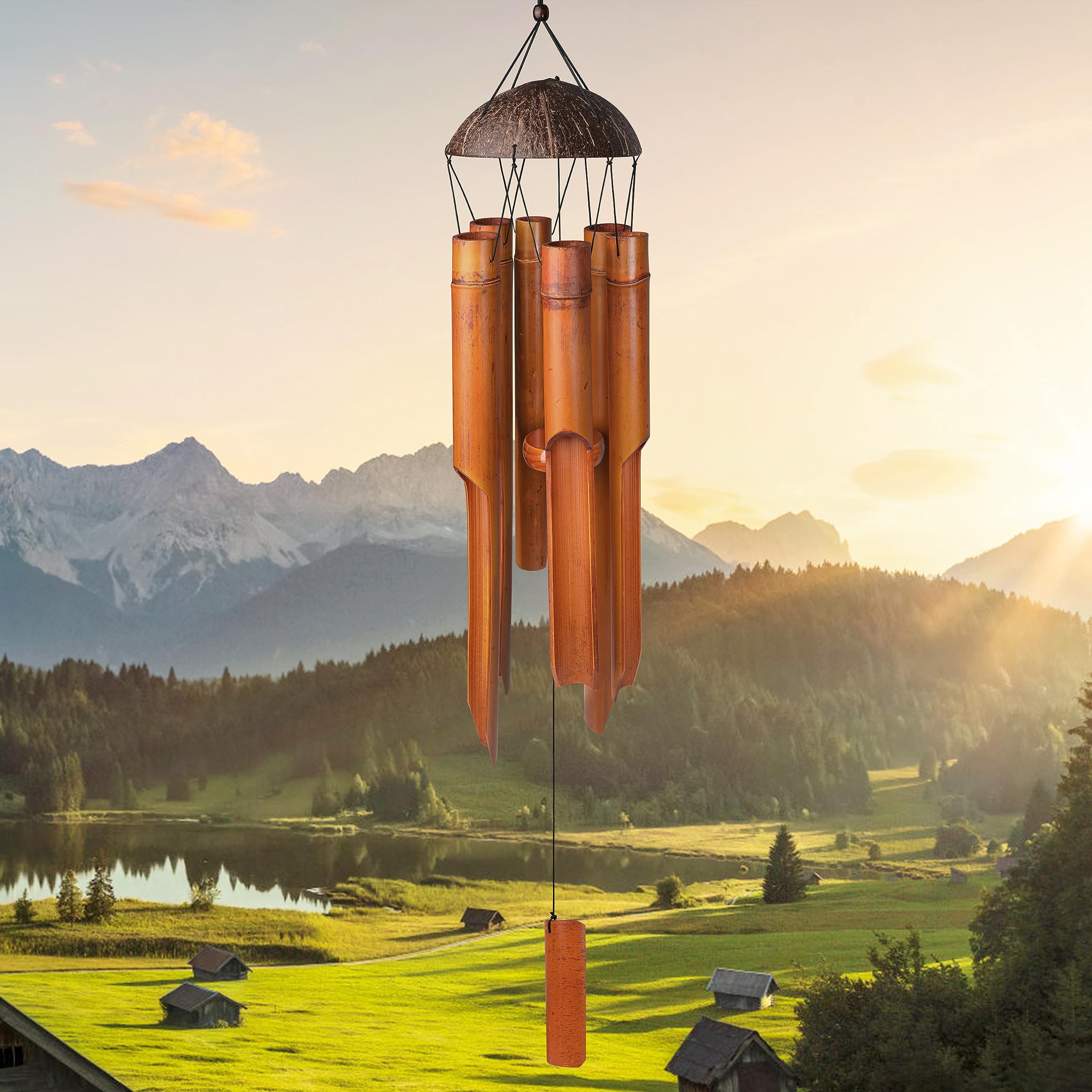 Photo 1 of 38" Bamboo Wind Chimes 6 Pipes, Handcrafted Bamboo Wind Chime Bring a Unique and Soothing Melody, Create a Zen Atmosphere for Outdoor Indoor Decor, for Sympathy, Memorial