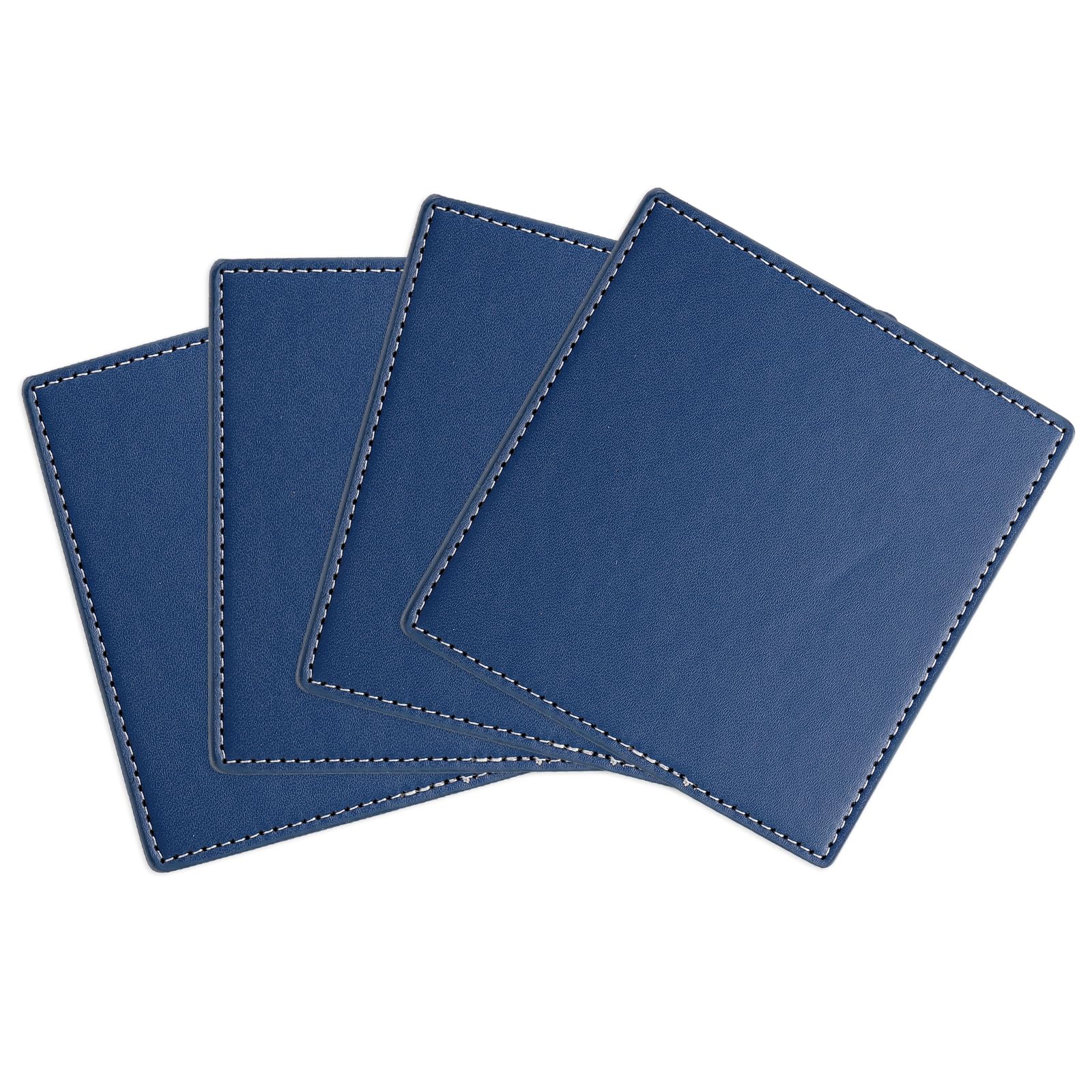 uxcell Square Drink Coasters Set of 4 White Stitched Dual Sided Non-Slip Non-Stick Waterproof Leather Coasters for Drinks, Coffee Table, Housewarming Gifts, Home Decor 4"×4"Blue