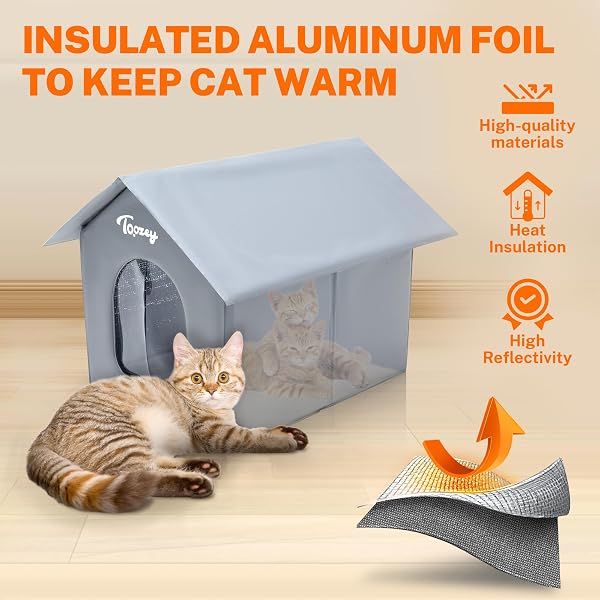 TOOZEY INSULATED OUTDOOR CAT HOUSE WITH 4 BONUS INSULATION SHEETS – WEATHER-RESISTANT, EASY ASSEMBLY, DURABLE FERAL CAT SHELTER WITH REMOVABLE SOFT MAT FOR WINTER PROTECTION, GREY