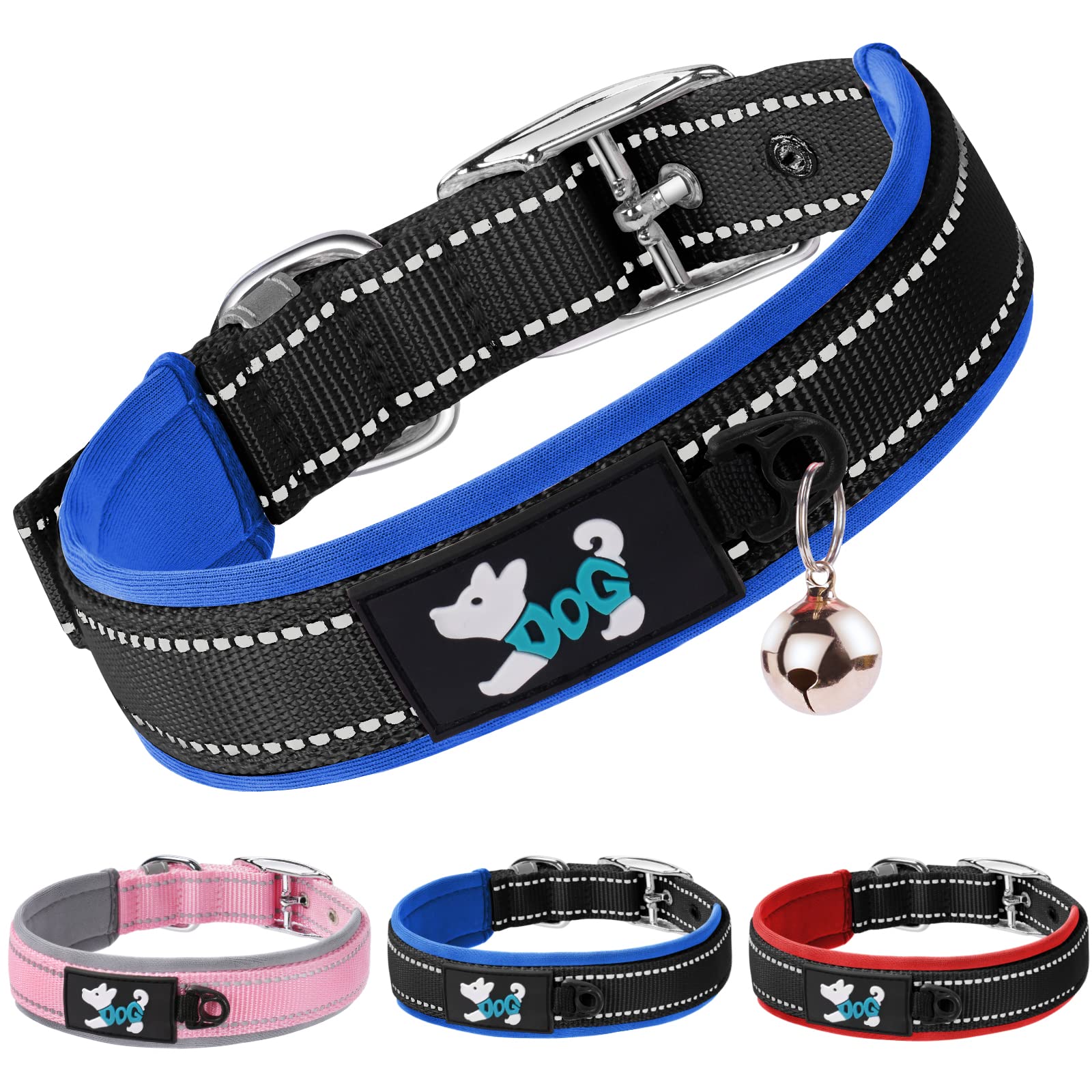 AUAUY Nylon Dog Collar, Pet Dog Reflective Collar, Ultra Soft Neoprene Padded, Adjustable Reflective Stitching Pet Collar with Durable Metal Buckle D-ring and Label Ring for All Breeds(Blue-L) — image 1