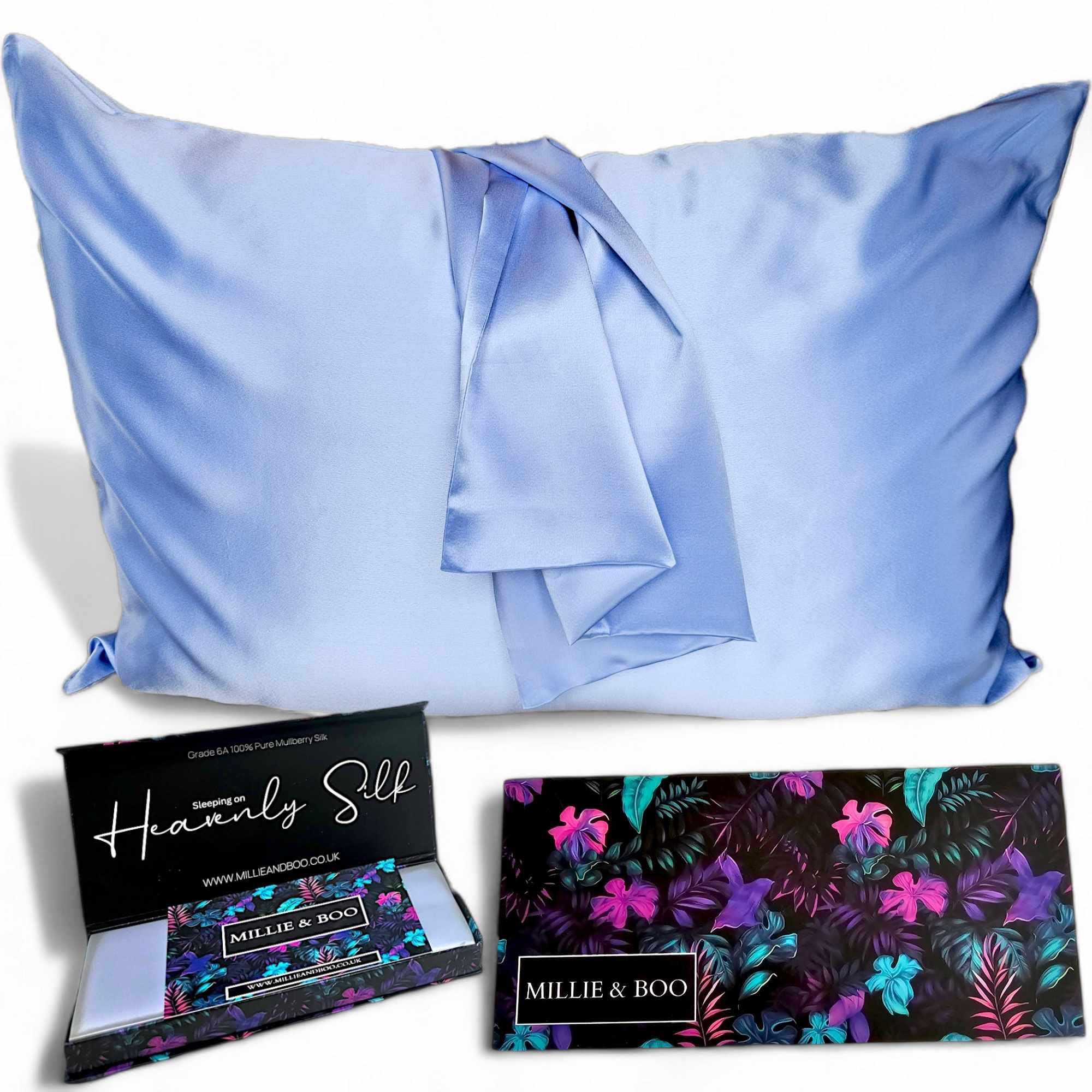 Millie & Boo Silk Pillowcase - 22 Momme Organic Silk Pillowcases for Hair and Skin, 50x75cm with Zipper Closure & Gift Box - Luxury Pillow Case for Women, 6A Grade (Light Blue)