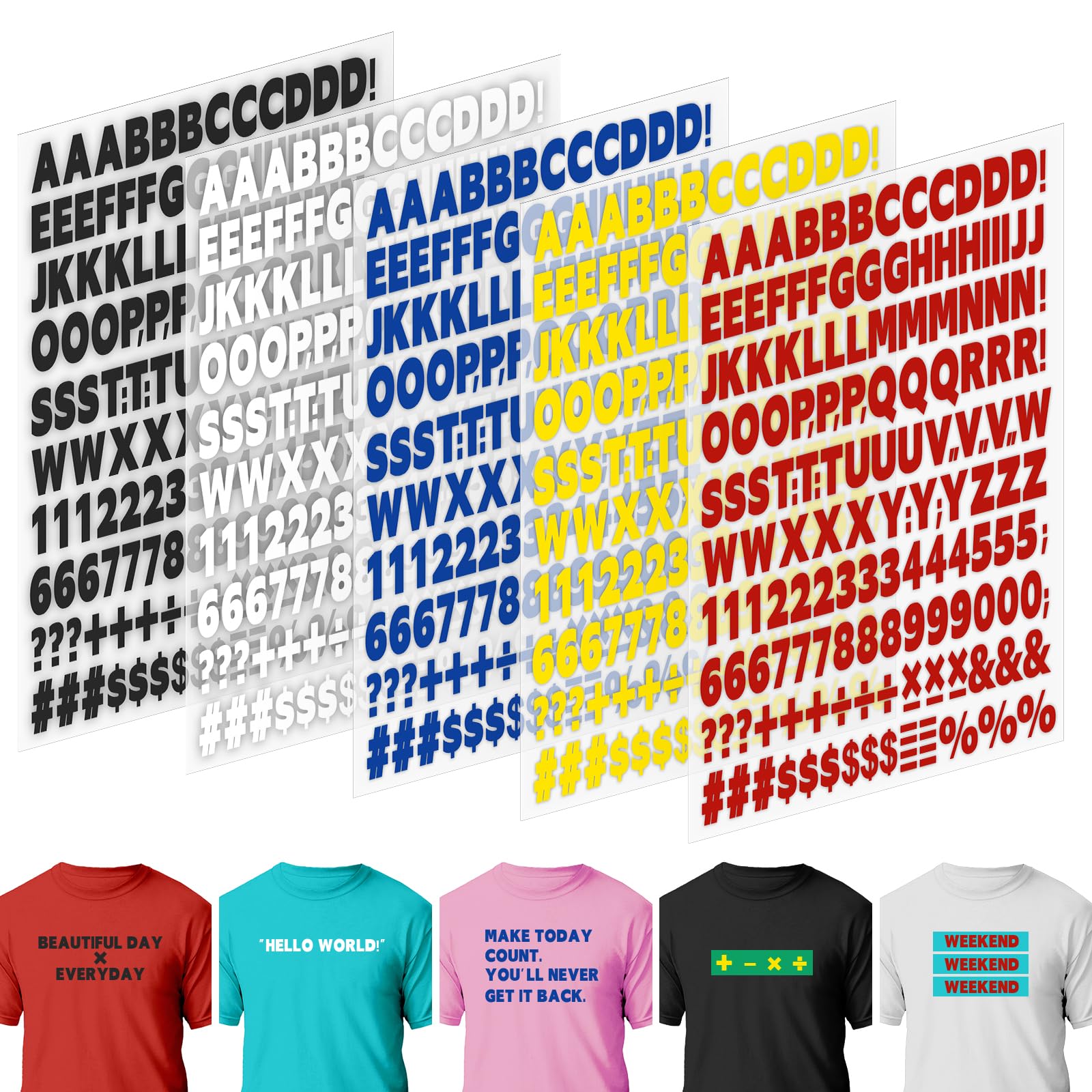 Photo 1 of 10 Sheets 1660 Pieces Iron on Letters and Numbers, 1 Inch 5 Colors Vinyl Letters with A-Z Heat Transfer Letters 0-9 PU Iron on Numbers for Clothing T-Shirt DIY Crafts (Black, White, Yellow, Red, Blue)