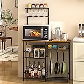 3IngSeagulls 厨房烘焙架带储物架,微波炉支架带可调节搁板和 10 S 型挂钩,6 层咖啡吧站,厨房架用于香料,锅,乡村棕色