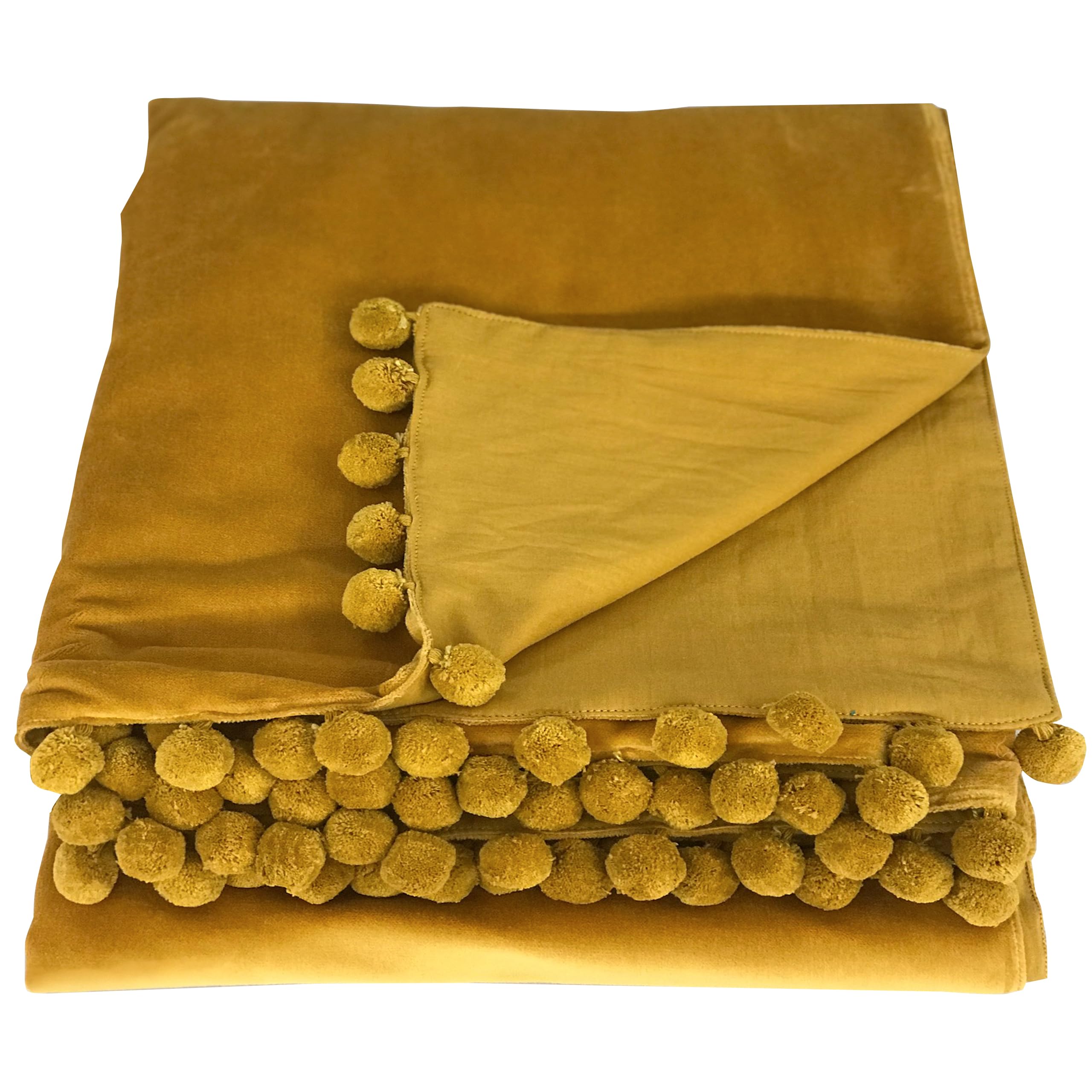 Ragged Rose 140 cm x 180 cm Throw Blanket - Pom Pom Throw Made of Cotton Velvet with Pompom Trims on Sides - Versatile Cotton Velvet Blanket for Sofa & Bed