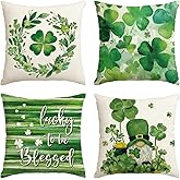 AVOIN colorlife St Patricks Day Shamrock Grass Ring Throw Pillow Covers, 18 x 18 Inch Dwarf Gnome Gold Coins Ladybug Lucky to Be Blessed Cushion Case Decoration for Sofa Couch Set of 4