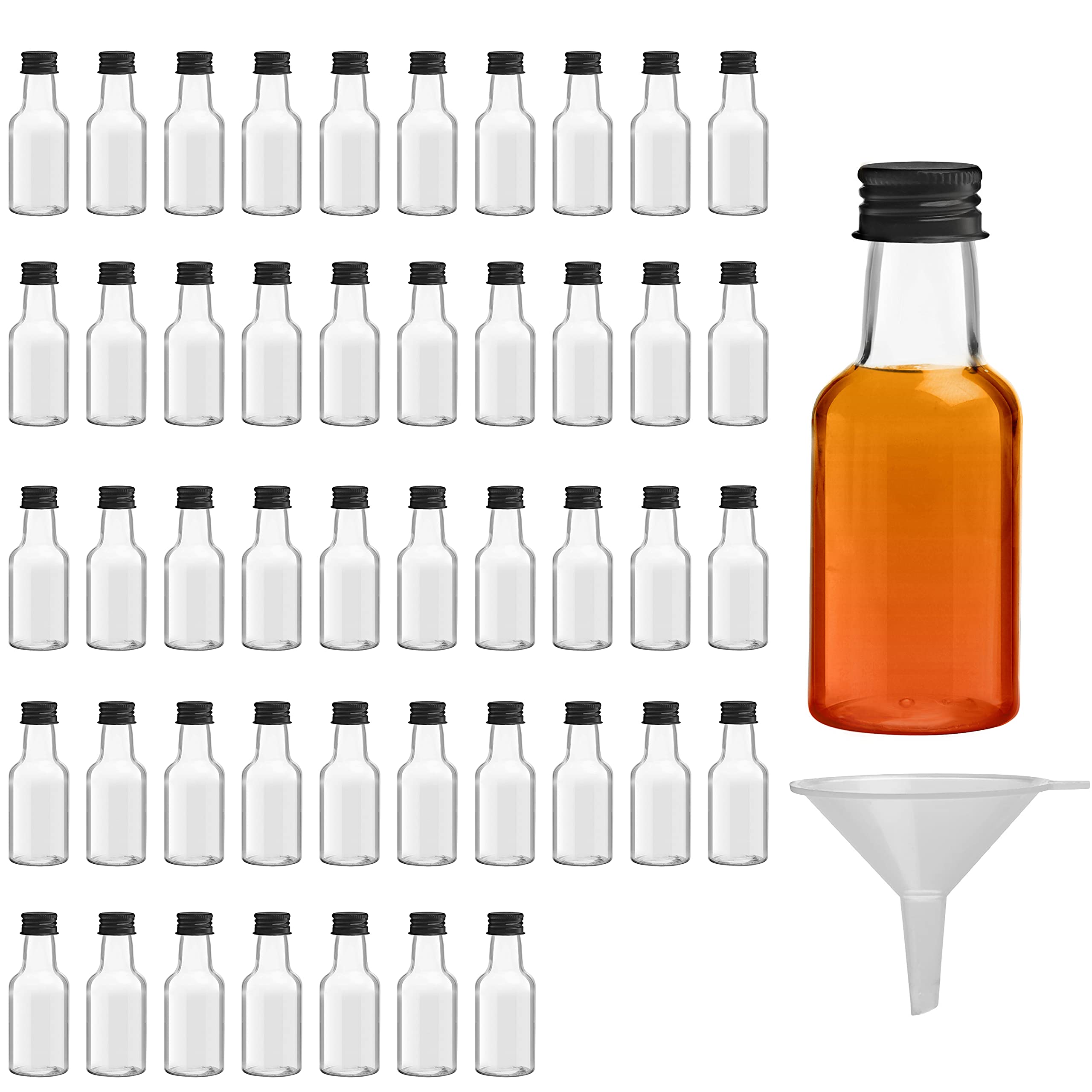 Belle Vous Mini Liquor Bottles (48 Pack) - Reusable Plastic 25ml (0.85 fl oz) Empty Spirit Bottle with Black Screw Cap, Liquid Funnel for Easy Pouring, Filling - Miniature Bottles - Weddings & Parties
