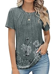 Kistore Womens Summer Crew Neck Pleated Floral Tops