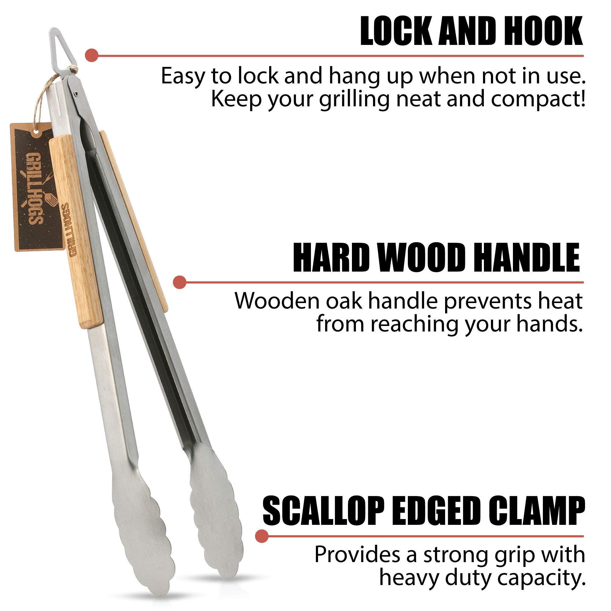 GRILLHOGS Barbecue Grill Tongs 16 Inch Best Metal Kitchen Tongs for