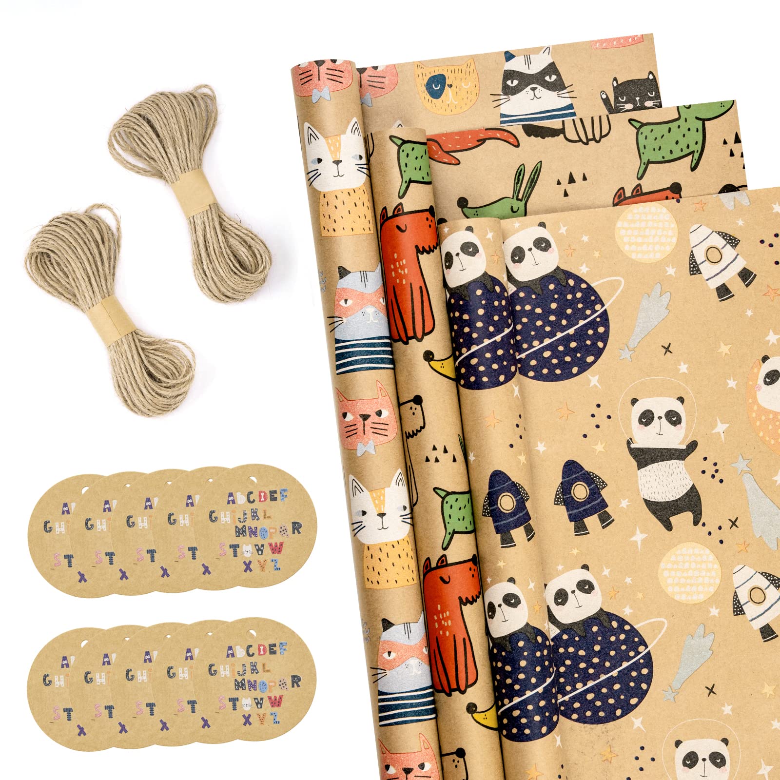 RUSPEPA Wrapping Paper Rolls with Gift Tags and Jute String - 43cm x 3m per Roll, Total of 3 Rolls, Animal