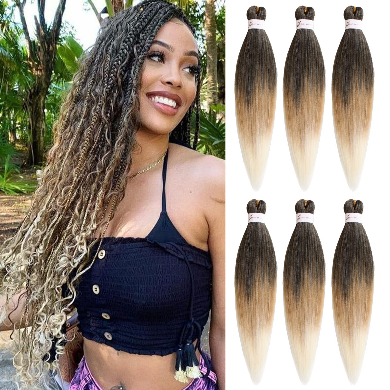 Samtress Pre Stretched Braiding Hair 6 Packs 24 Inch 3 Tone Easy Briad Ombre Blonde Yaki Texture Kanekalon Synthetic Braiding Hair Extensions Hot Water Setting Crochet Braids Twists (#1B/27/613) — image 1