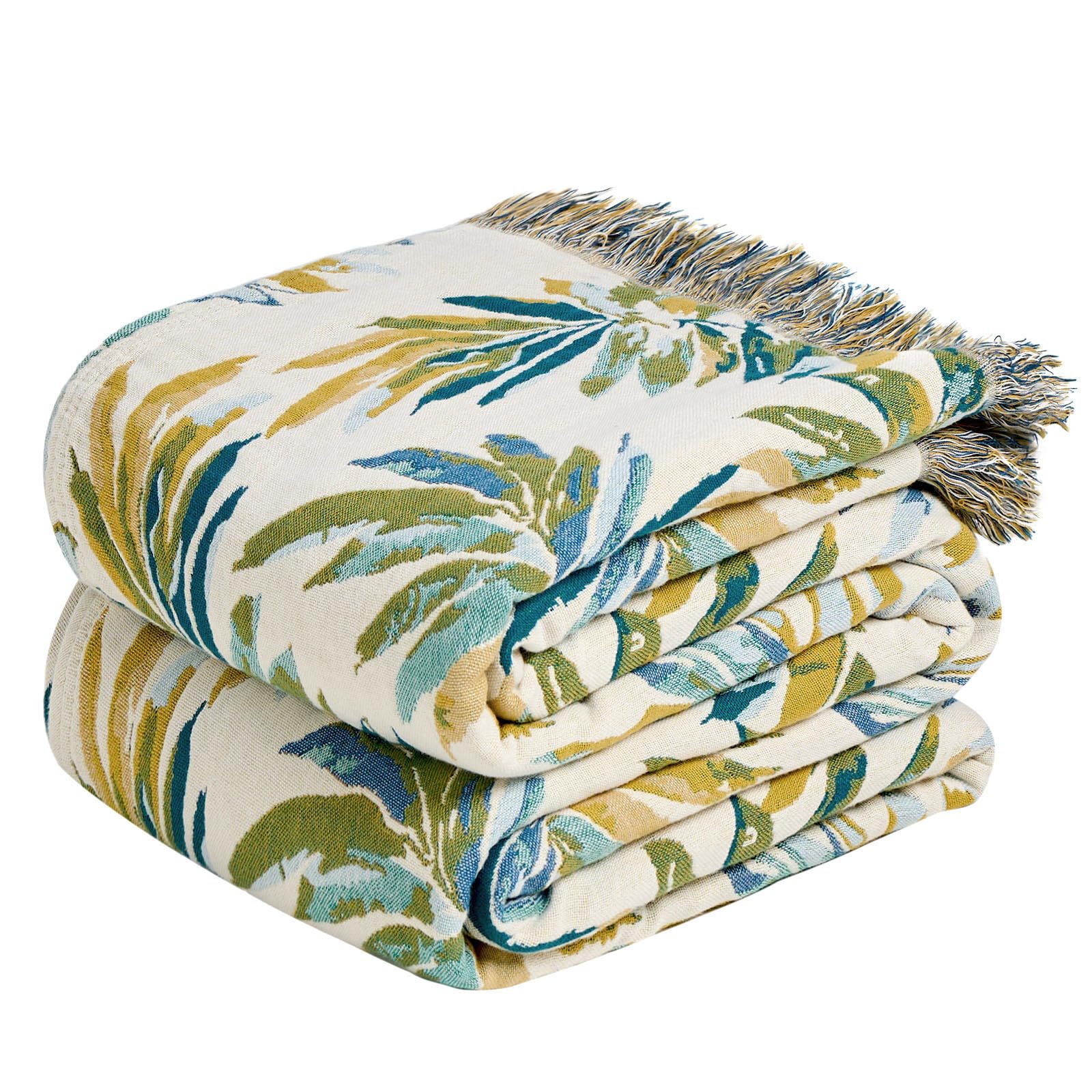 MSGKV Boho Throw Blanket for Couch Cotton Leaves Blanket 50"x60" Throws for Sofa Chair Muslin Breathable Lightweight Farmhouse Blankets Home Decor All Seasons Image