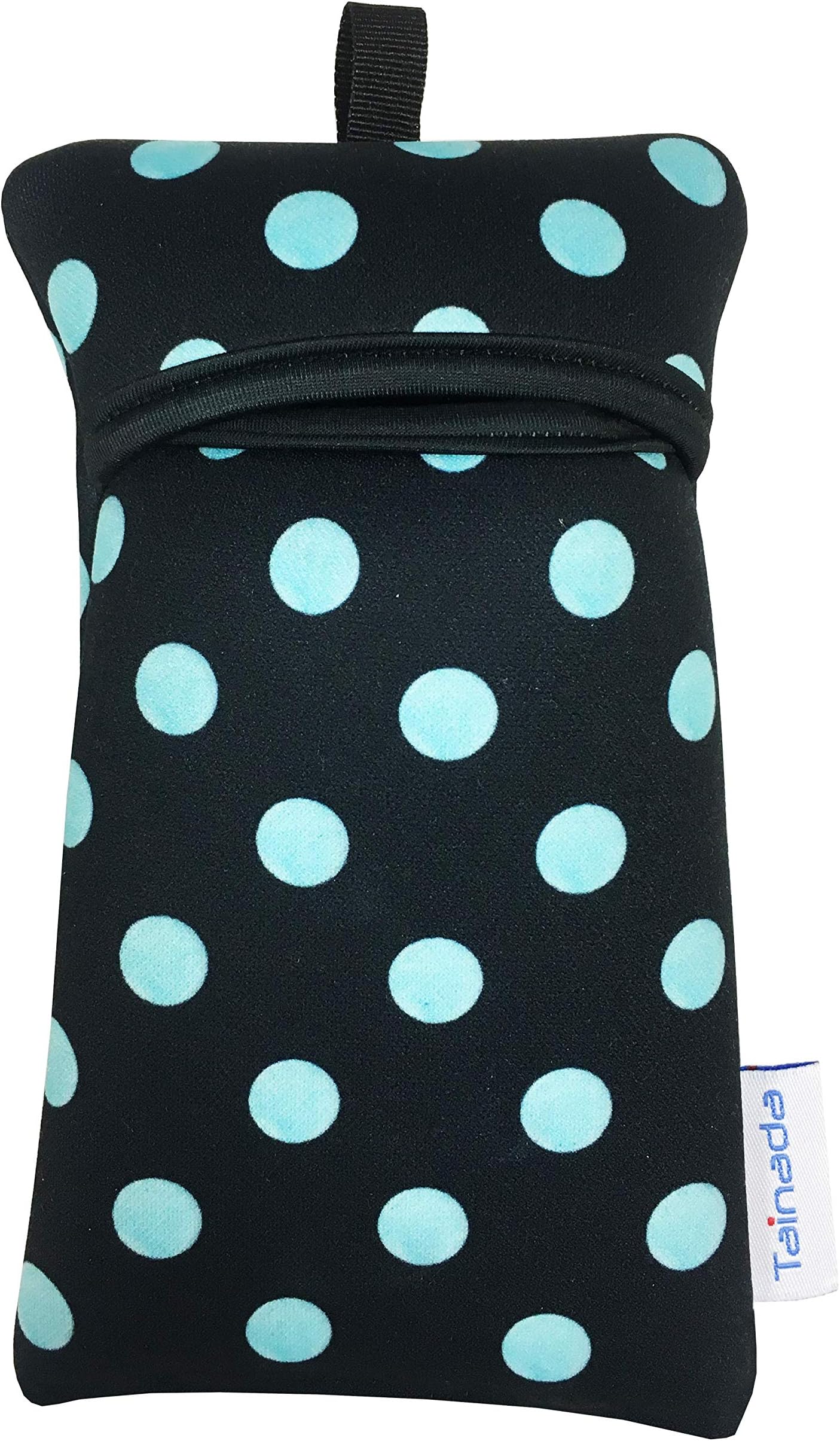 Shockproof Smartphone Neoprene Sleeve Carry Bag Pouch with Neck Lanyard & Carabiner for iPhone 15/14 / 13/12 Pro Max; Samsung S23+, A54, Z Fold5; Google Pixel 8/7 (Black Turquoise Polka Dots)