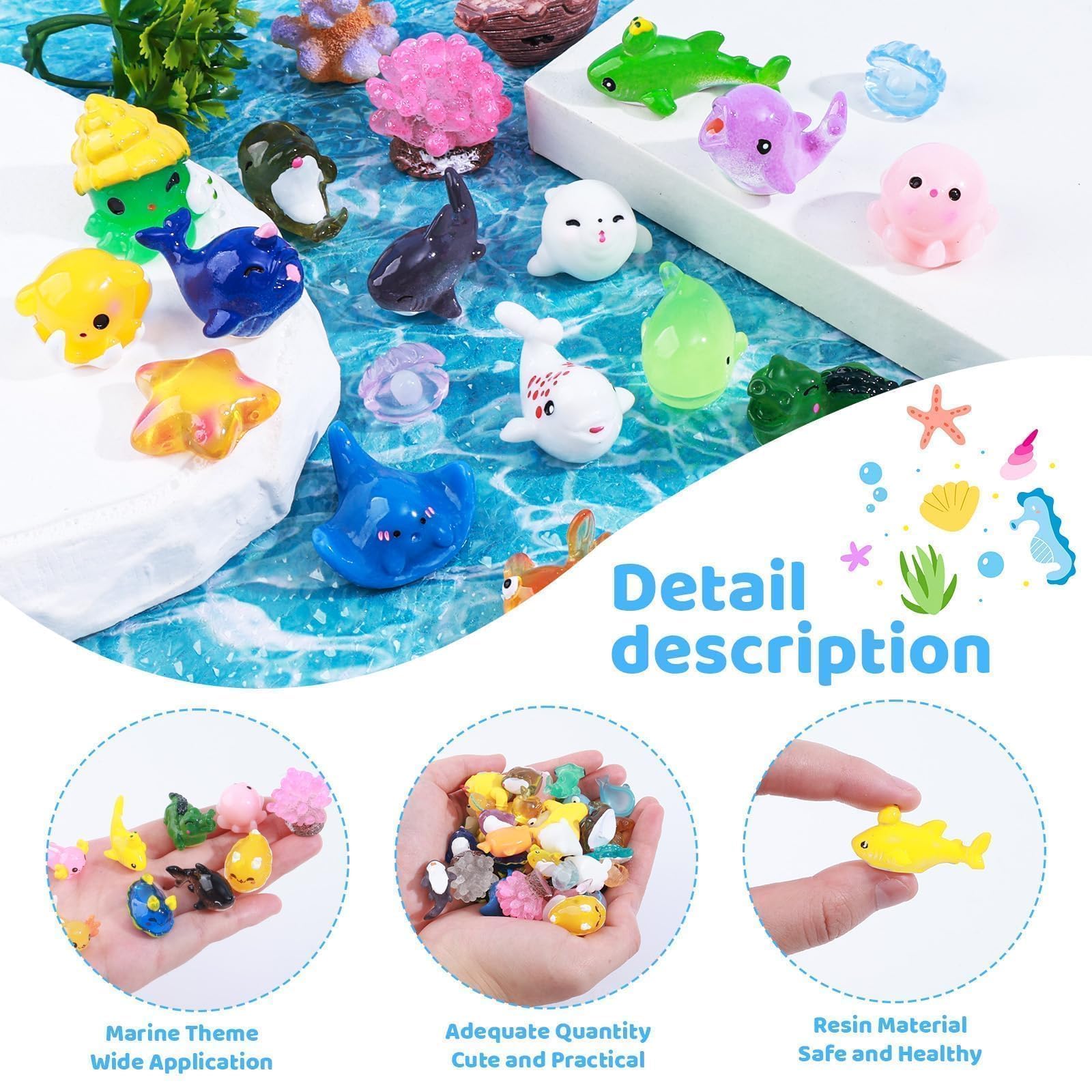dsooldre 50pcs Mini Ocean Resin Animals Tiny Sea Animals Figurines Marine Miniature Plastic Animals Aquarium Ornaments Decorations for DIY Fish Tank Potted Micro Fairy Garden Dollhouse