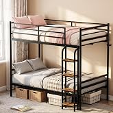 Cyranture Twin Over Twin Bunk Bed with Wide Step Ladder, Black | No Box Spring Needed,Convertible 2-Beds,Wide Step Ladder,Kids-Friendly,Space Saving,Big Storage Space,Heavey Duty