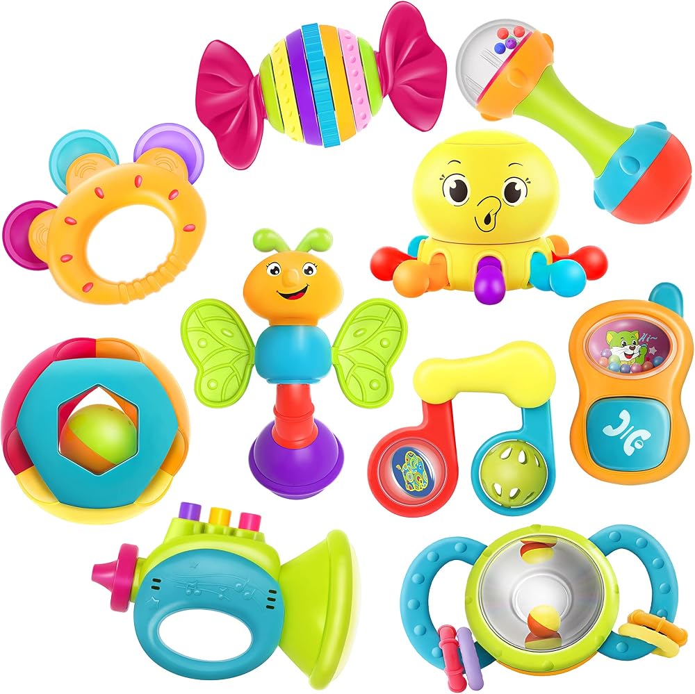 iPlay, iLearn 10PCS Baby Rattle Toys 3-6-12 Months, Infant Sensory Teething | Babies Rattles Teether Set, Grab Shake Developm