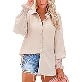 siliteelon Button Down Striped Shirts for Women Smocked Cuffed Long Sleeve Oversized Boyfriend Blouses Collared Work Tops