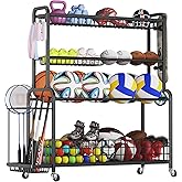 Oversized Sports Equipment Organizer, 4 Layers Garage Oragnization Ball Stroage Rack with Wheels, Hooks and Baskets Ball Organizers and Storage for Indoor Outdoor Use Toy Sports Gear Storage, Black