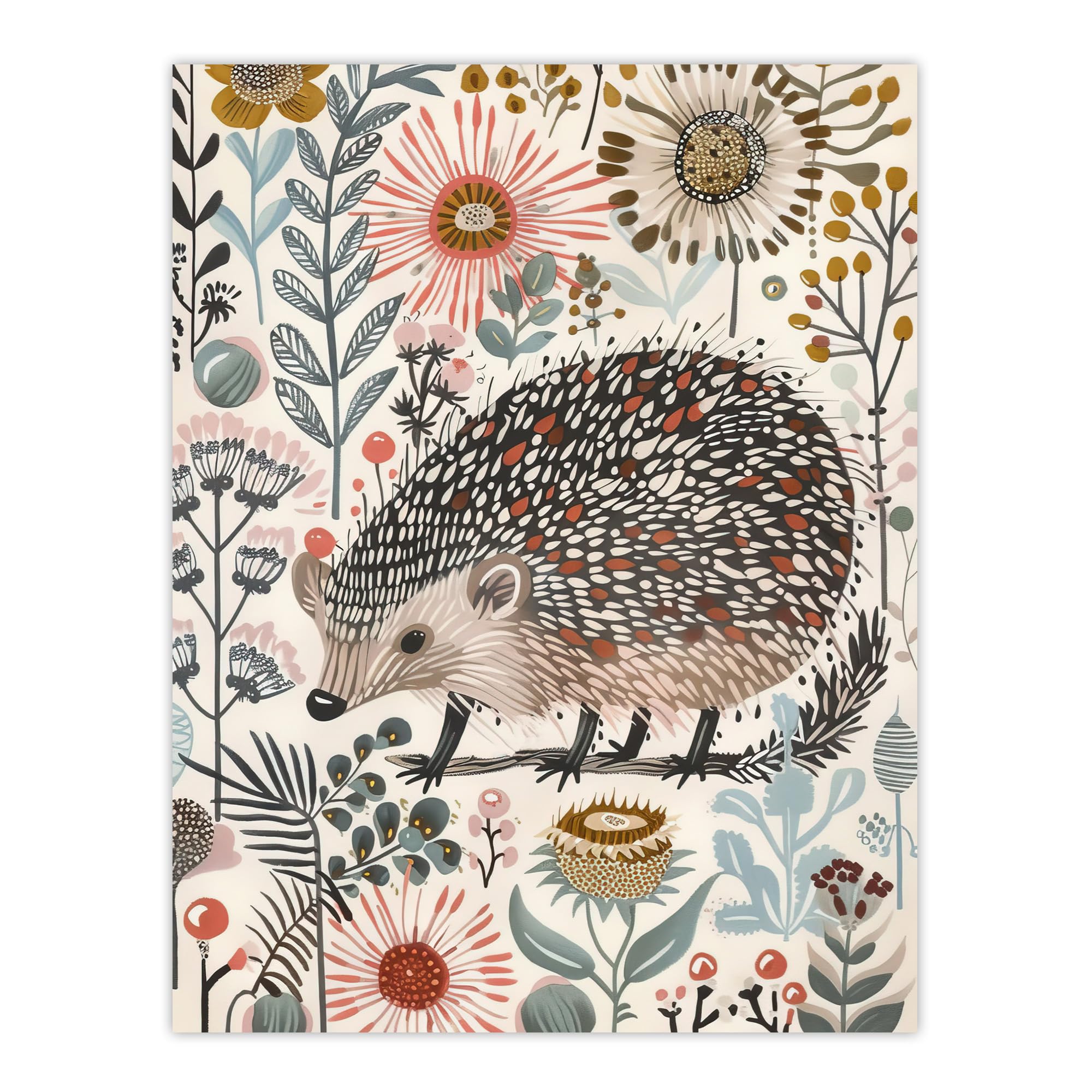 Artery8 Hedgehog Flowers Artwork Rustic Woodland Floral Living Room Extra Large XL Wall Art Poster Print