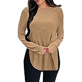 COCCKO Womens Long Sleeve T Shirts Fall Fashion 2025 Crew Neck Pleated Side Split Tunic Tops To Wear With Leggings