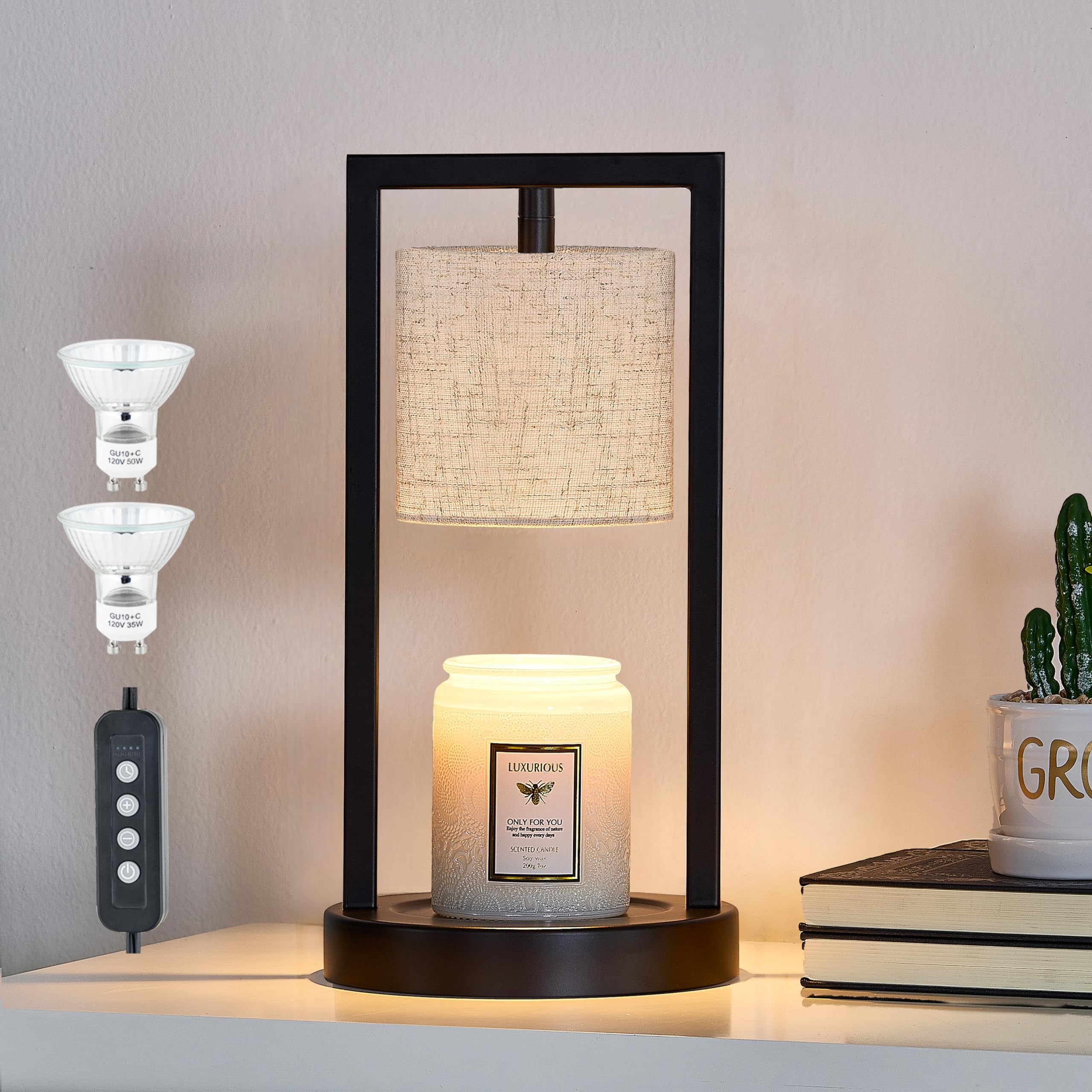 Photo 1 of Candle Warmer Lamp with Timer, Black Candle Lamps Linen Fabric Shade, 3-Level Dimmable Candle Light Wax Melt Warmer for Scented Wax, 35W Electric Warmer Lamp for Women Home Decor (2 Bulbs Included)