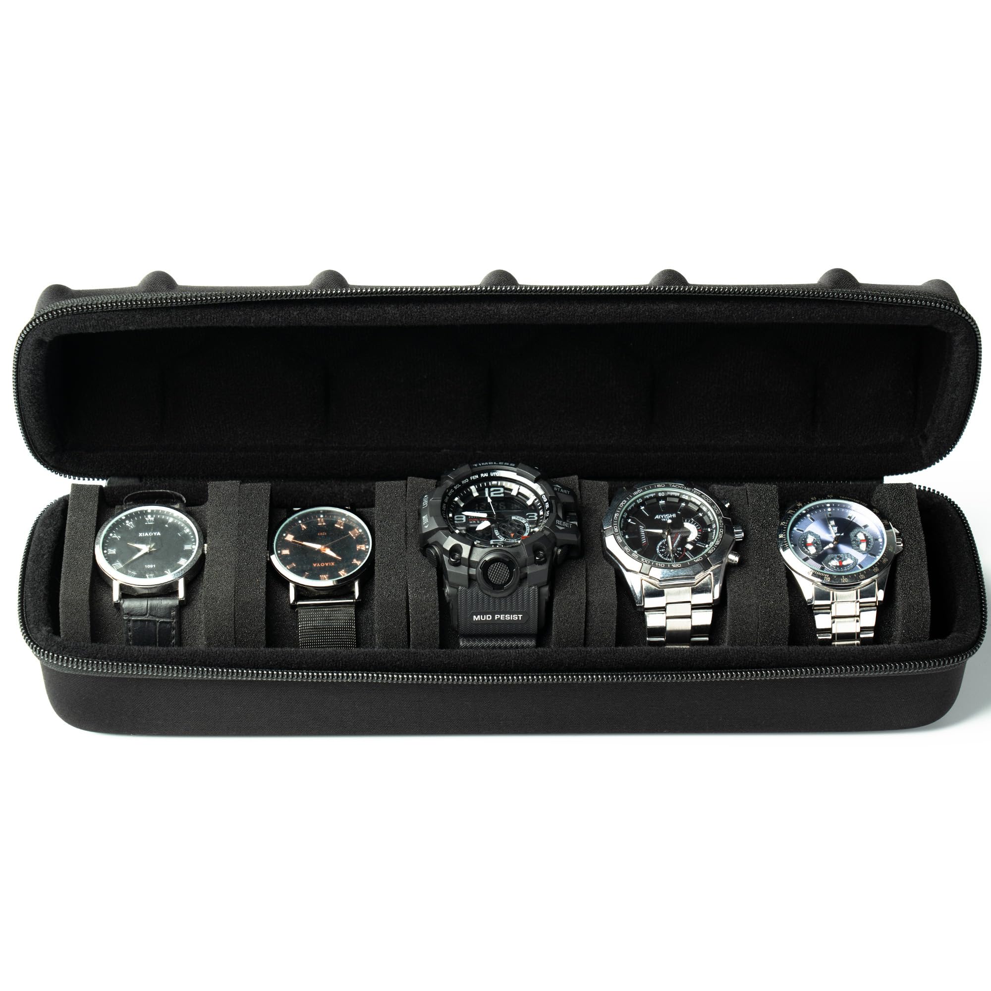 HOMPE Watch travel case,5 Slot Hard watch roll organizer, Fits All Wrist Watches&Smart Watches Up to 58mm (Black 5slot)