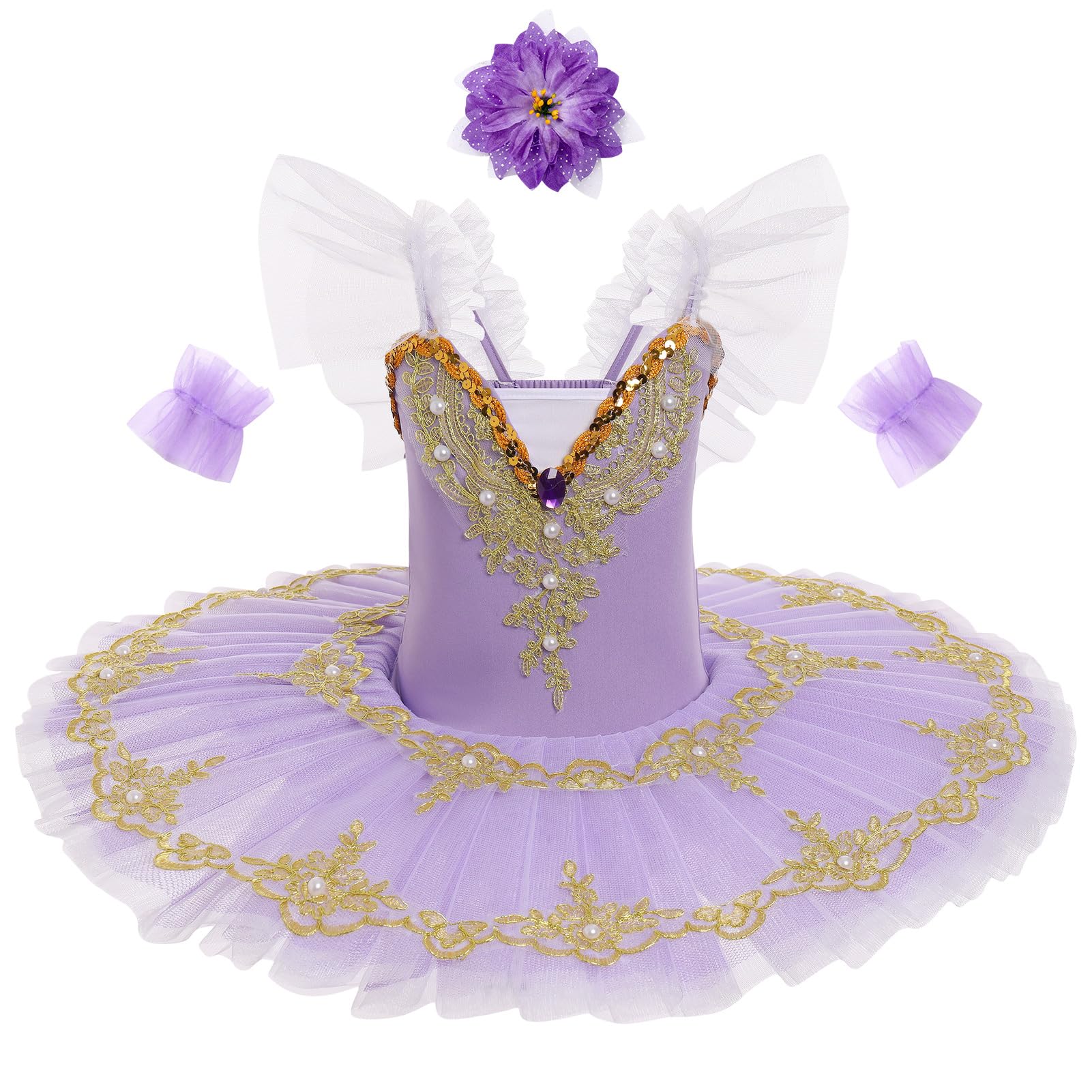 Photo 1 of AFAVOM Ballerina Swan Lake Costume for Girls Camisole Skirted Leotard Ballet Dance Outfit with Hair Clip Armbands Sparkle Embroidery Hard Platter Tutu Performance Dancewear Dress Purple 5-6 Years