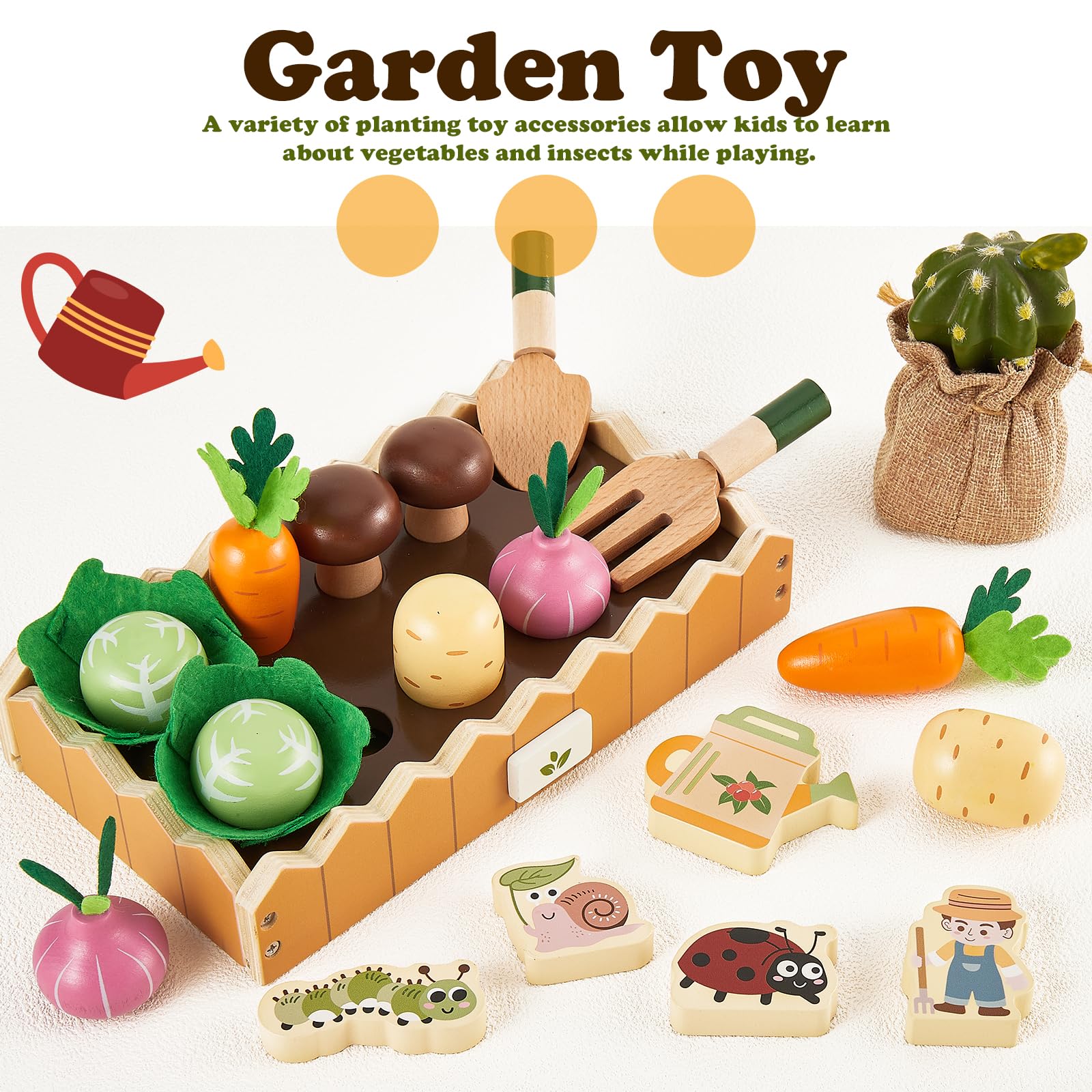 HERSITY Lebensmittel Spielzeug Holz, Karotten Steckspiel Kinder Bauernhof Spielzeug, Garten Spiele Holzspielzeug ab 3 Jahr, Lernspielzeug Geschenk für Mädchen Jungen 3 4 5 Jahren (Braun) 4