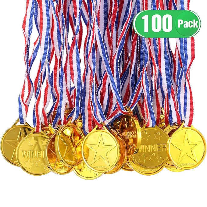 100 Packs Gold Plastic Winner Medals Kids Golden Winner Awards Medals