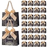 Marspark 30 Pcs Ramadan Mubarak Reusable Gift Bags with Bow, Black Gold Foil Stamping, Eid Mubarak Treat Bags with Handles, Reusable Eid Basket for Gifts Wrapping, Kareem Party Supplies, 14*6*12cm