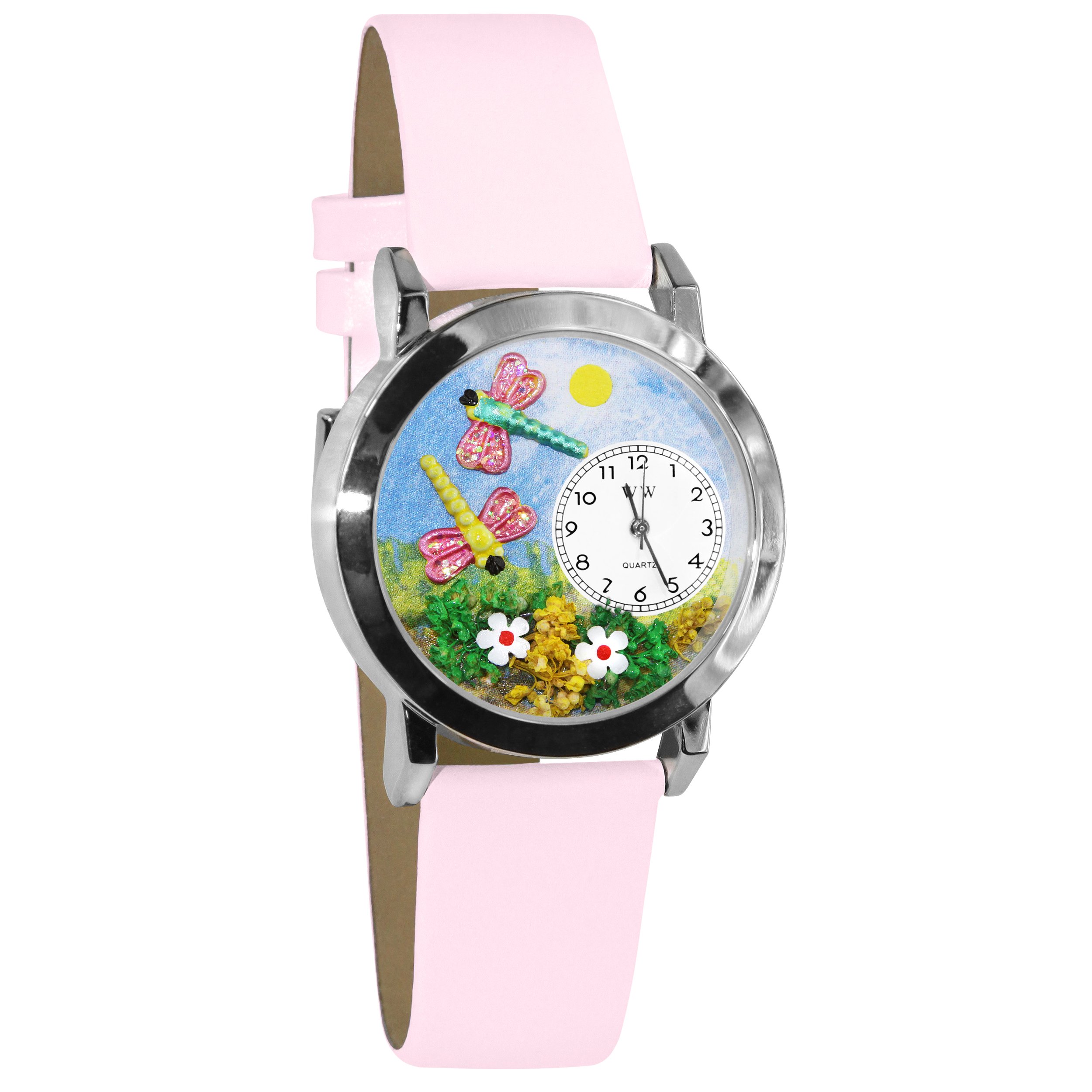 Whimsical Watches Dragonflies Pink Leather and Silvertone Unisex Quartz Watch with White Dial Analogue Display and Multicolour Leather Strap S-1210007