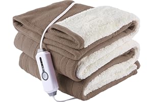 YAKEE Electric Throw Blanket Comfortable Polar Fleece & Sherpa Soft Warming Heated Blanket, 4 Heating Levels & 3H Auto Shut Off, Fast Heating, Machine Washable, 50"x60", Color Flaxen