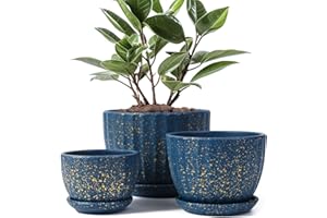 STHIE Ceramic Plant Pots with Drainage Holes and Saucers, Round Blue Flower Pots for Indoor Plant, Diameter 3.3/4.3/5.5 Inches Small Mini Flower Planters Set of 3