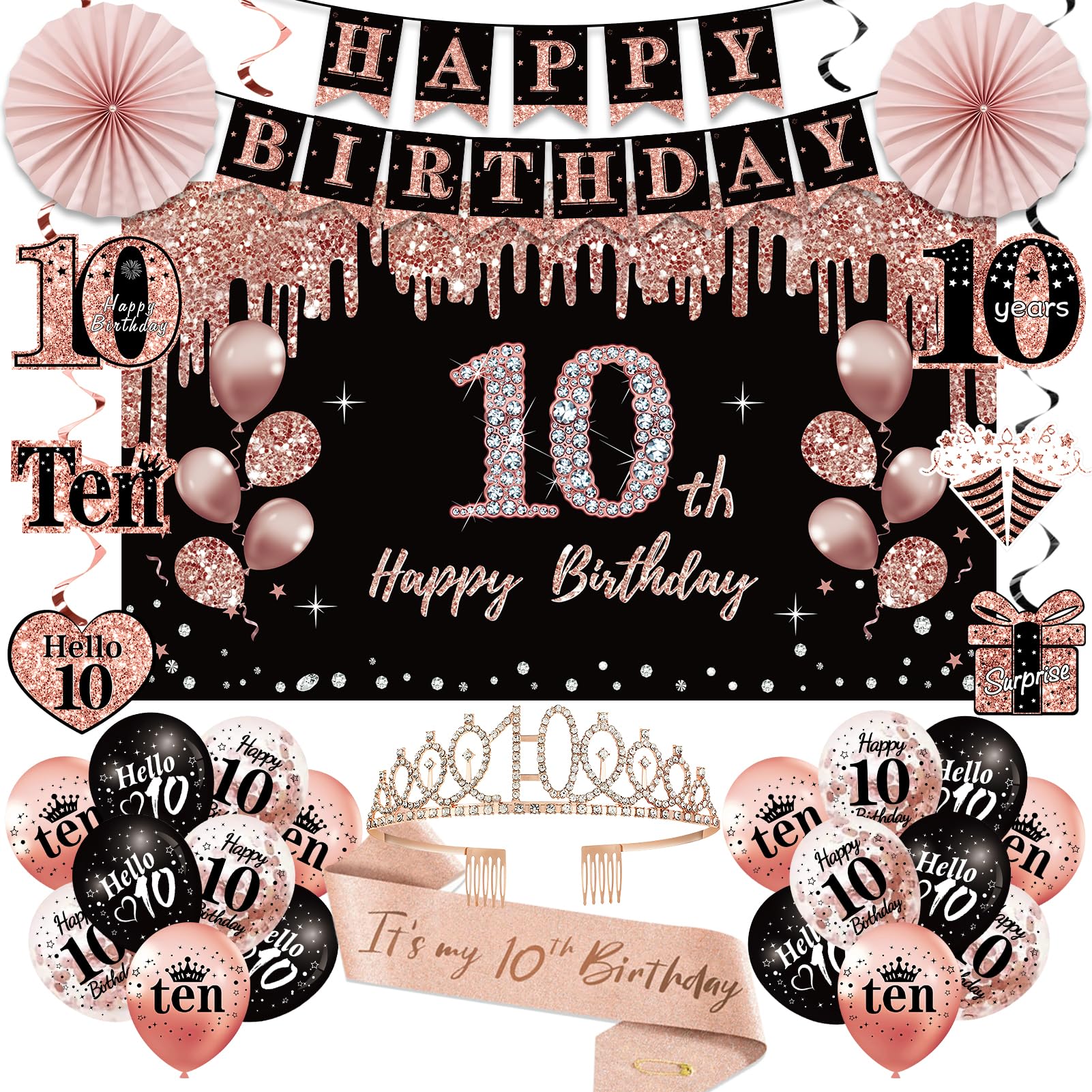 Photo 1 of 10th Birthday Decorations for Girl, 33pcs Black Rose Gold Happy 10th Birthday Banner 10 Birthday Crown and Sash Balloons Backdrop Hanging Swirls Paper Fans, 10 Years Old Party Supplies Kit