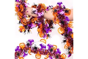 HUYAMAP 33FT Halloween Tinsel Garland with Orange Pumpkin Purple Bat Black Spider Ornaments, Metallic Streamers Halloween Garland Party Decorations for Home Classroom Window Door Table Decor Indoor Outdoor