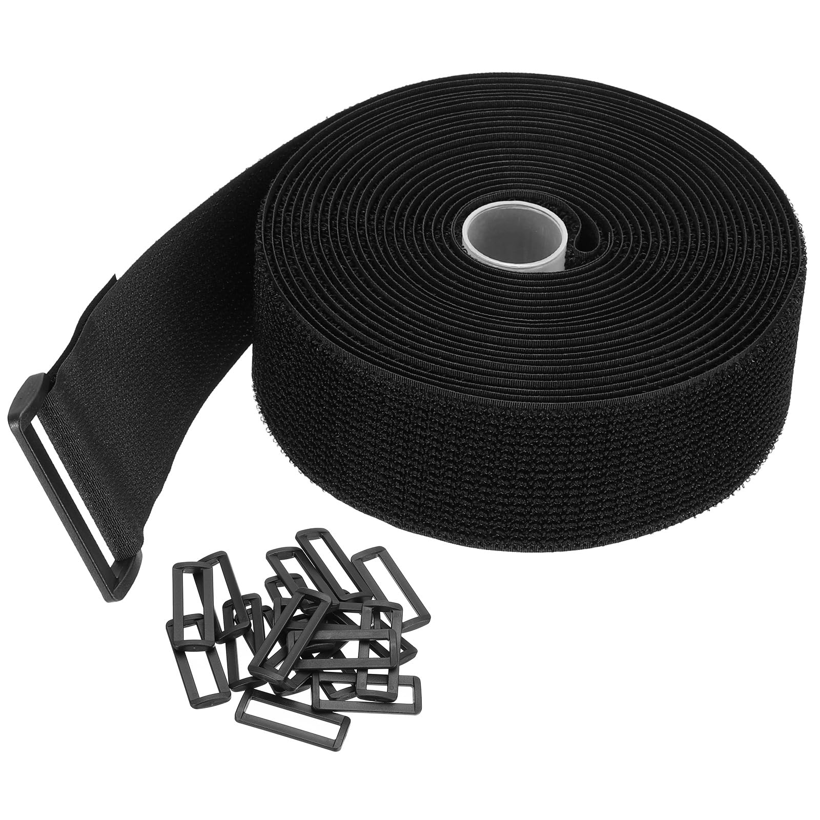 PATIKIL Hook and Loop Straps 2in x 16Ft with 20pcs Plastic Buckle, Fastening Cinch Straps Reusable Nylon Securing Cord Ties for Storage Organization, Black