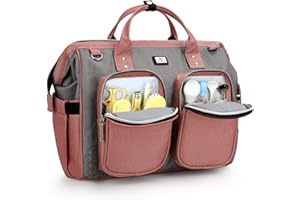 Pomelo Best Multifunctional Diaper Bag Totes with Changing Pad & Stroller Straps, Large Portable Newborn Baby Bags, Unisex and Stylish Travel Diaper Backpacks for Mom and Dad, Grey with Pink
