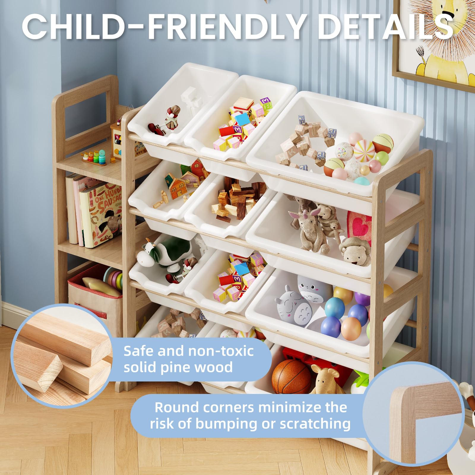 EXPERLAM Toy Storage Organizer - Toy Organizers and Storage with Bookshelf, Toy Storage Shelf with 3 Shelves and 12 Storage Bins, Kids Bookshelf and Toy Storage for Kids Room, Playroom, Nursery, White