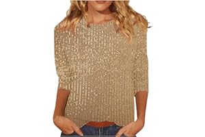 FNNXEAL Womens Sequin Top 2025 Spring Summer 3/4 Sleeve Crew Neck Sparkly Blouses Shimmer Glitter Tops Club Party Shirt