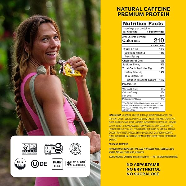 QUANTUM ENERGY SQUARE: ENERGY BAR WITH CAFFEINE & 10G PROTEIN. DELICIOUS HEALTHY SNACK ON THE GO. (VEGAN, GLUTEN-FREE, SOY-FREE, DAIRY-FREE) (CAFFE MOCHA ALMOND CHIP)